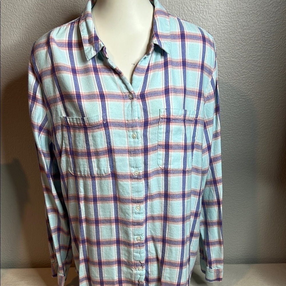 Gap Boyfriend Fit Flannel – Mint Plaid – Size XL